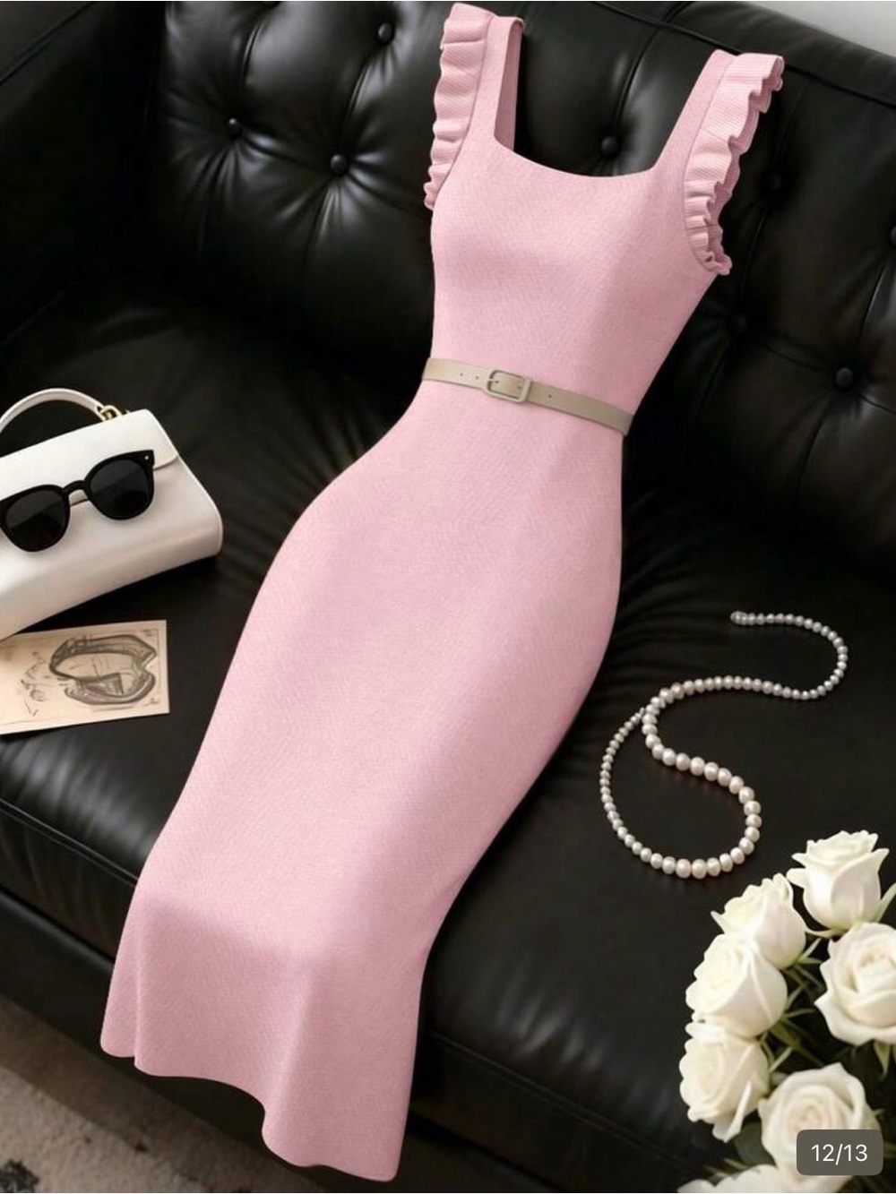 Sleeveless Ruffle Strap Knit Midi Dress in Light Pink
